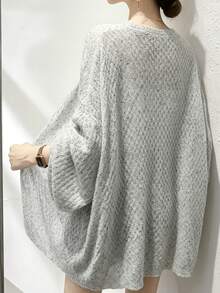 Cardigan Rajut Lengan Panjang Longgar Berlubang Motif Titik Campuran Ukuran Plus Musim Semi/Panas, Sweater Kasual Sehari-hari untuk Liburan Pantai bagi Wanita - Grey - View 5