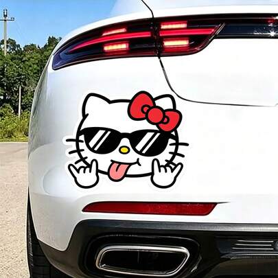 SANRIO 1pc Hello Kitty Car Sticker, Cool Fashion Glasses Cartoon Design, Fun Gesture Style, Vinyl Waterproof Car Decal, Suitable For Car Windows, Bumpers, Door Decoration, Cute Anime Character Car Sticker, Vehicle Exterior Accessory, Holiday Gift, Party Gift, Car Exterior Sticker
