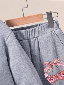 Tween Girl Bow Pattern Warm Hoodie And Sweatpants Casual Set - Grey - View 5