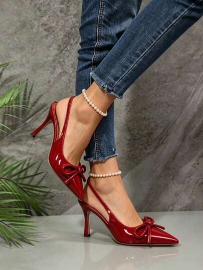 Wide Fit Glossy Red Buckle Decor Backstrap Stiletto Mid-Hollow Platform Heels, Suitable For Casual, Party, Event, Fashion For Plus Size Women