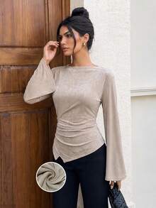 Fall Clothes For Women Vintage Tight-Fit Style Shirts Inverted Trumpet Sleeve Irregular Women's Knitted Long Sleeved Ruffled Waist Tops Going Out Tops - Khaki - View 1