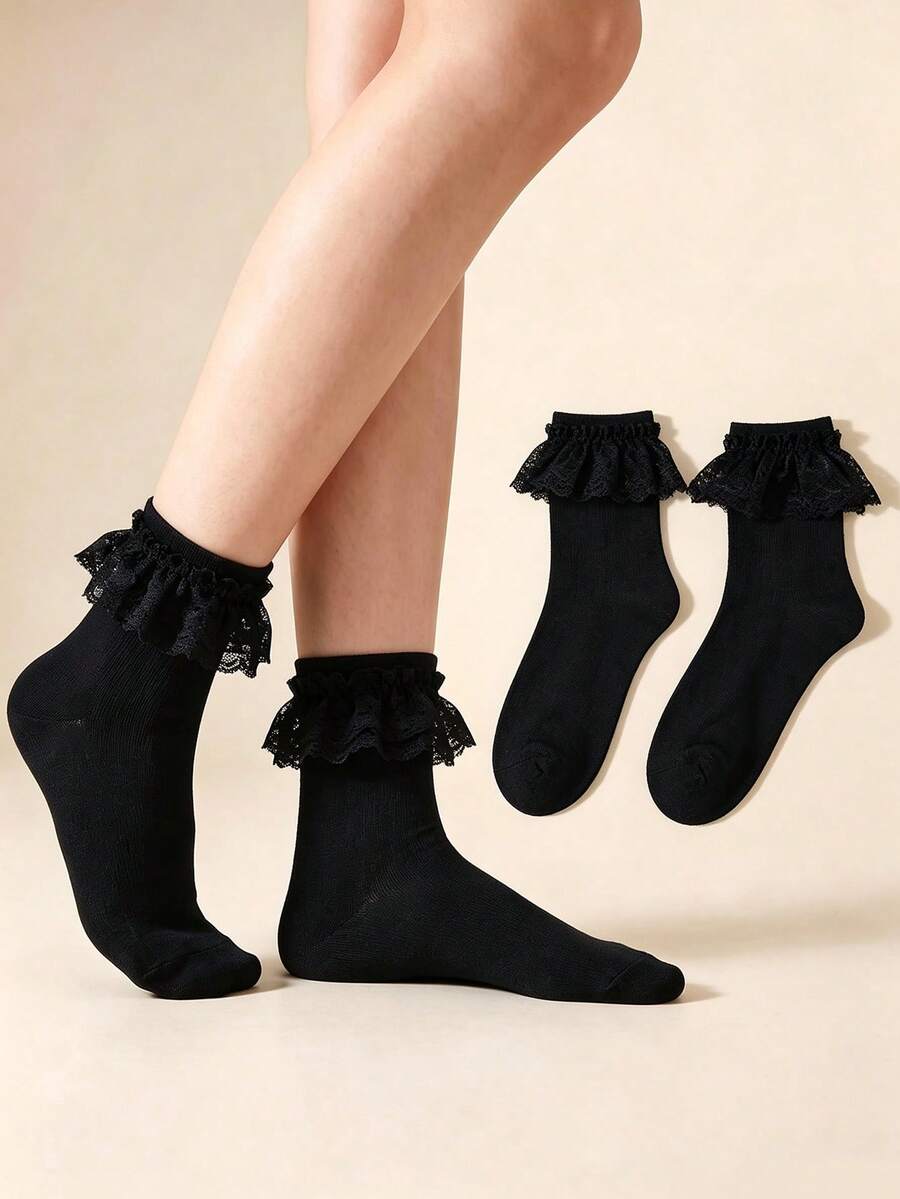 1/3/5 Pairs Women's Black Lace Ruffle Trim Short Socks, Soft Breathable Ribbed Knit Ruffle Mid-Calf Socks, Suitable For Daily Wear, Party, Cosplay, Vintage Ballet Core Lolita Princess Dress Socks - Black - View 1