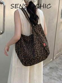 女款休閒托特手提包，豹紋設計，大容量內裡與舒適手柄，適合通勤、週末及日常穿搭 - 棕色 - 查看 3