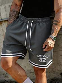 Men's American Style Patchwork Basketball Shorts, Summer Mesh Quick-Dry Loose Drawstring Athletic 4-Inch Shorts - Grey - View 1