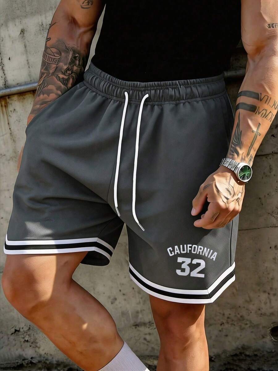 Men's American Style Patchwork Basketball Shorts, Summer Mesh Quick-Dry Loose Drawstring Athletic 4-Inch Shorts - Grey - View 1