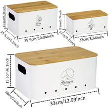 Myrothcane 3pcs Bamboo Lid Potato Onion Garlic Storage Bins, Ventilated Metal Vegetable Storage Containers, Stackable Farmhouse Style Kitchen Countertop Produce Organizer, Suitable For Pantry Storage - White - View 16