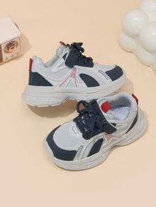 Sepatu Sneakers Chunky Anak-Anak Warna Abu-abu Muda, Biru Tua, dan Merah dengan Desain Blok Warna dan Perekat, Sepatu Anak-Anak Minimalis Cocok untuk Perjalanan Sepanjang Musim dan Pemakaian Sehari-hari - Navy Blue - View 6