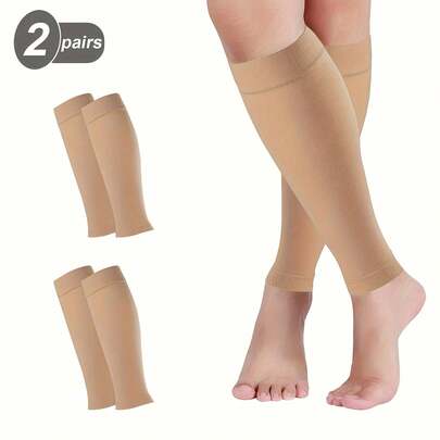 2 Pairs Beige Compression Socks 20-30mmHg – High Elasticity, Breathable, Moisture-Wicking, Suitable For Women Year-Round Support, Machine Washable, Comfortable Fit, Fashion Design, Moisture-Wicking Material