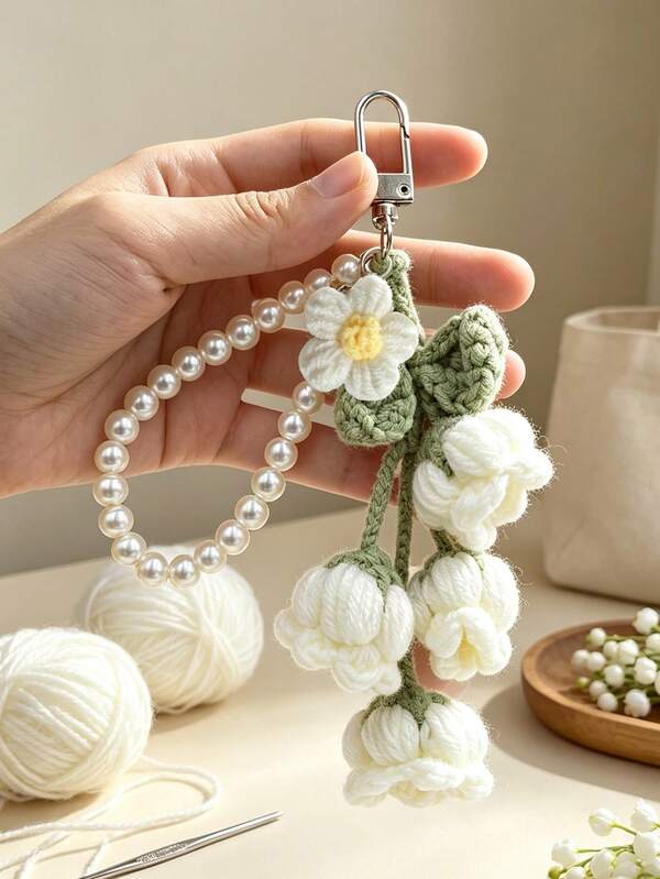 YH - Original Pyeongtaek Bags - Silver Pearl Necklace, Lily Of The Valley Opening Ring - Silver Yarn Flower