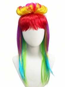 1 Pc Multi-Layer Rainbow Gradient Wig With Straight Bangs & Blooming Floral Silhouette, Vertical Color Transition. Perfect For Dark Punk Portrait Shooting, Neon Halloween Short Videos, Fantasy Monster Cosplay & Bright Tone Dark Outfit Matching - View 11