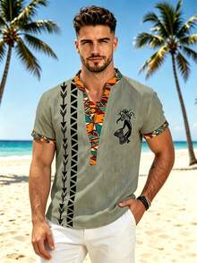 Men's Printed Short Sleeve Henley Shirt, African Pattern V-Neck Stand Collar Casual Top - Multicolor - View 2