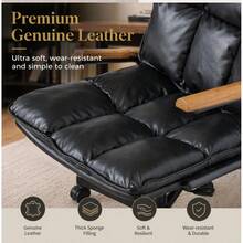 Home Office Desk Chair, Ergonomic Leather Computer Chair With Wheels And Oak Armrests, Height-Adjustable Swivel Executive Chair WL - 黑色 + 真皮 - 查看 8