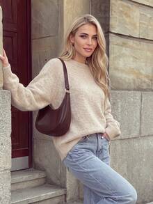 Pakaian Musim Gugur Wanita Y2K Sweater Pullover Lengan Panjang Raglan Leher Bulat Rajut Tekstur Polos untuk Wanita, Pakaian Kasual Sehari-hari - Sampanye - View 7