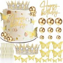 40pcs/12pcs/1pc Pink Rhinestone Crown Happy Birthday Acrylic Cake Topper Set, Gold Hollow Butterfly & Mini Ball Foam For GirlsBirthday Cake Decorations - Multicolor - View 6