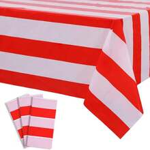 1pc Red & White Striped Disposable Plastic Rectangular Tablecloth 54x108 Inches, Carnival Circus Party, Birthday, Picnic, Indoor/Outdoor Holiday Dining Decoration Disposable Tablecloth - Red Stripes - View 2