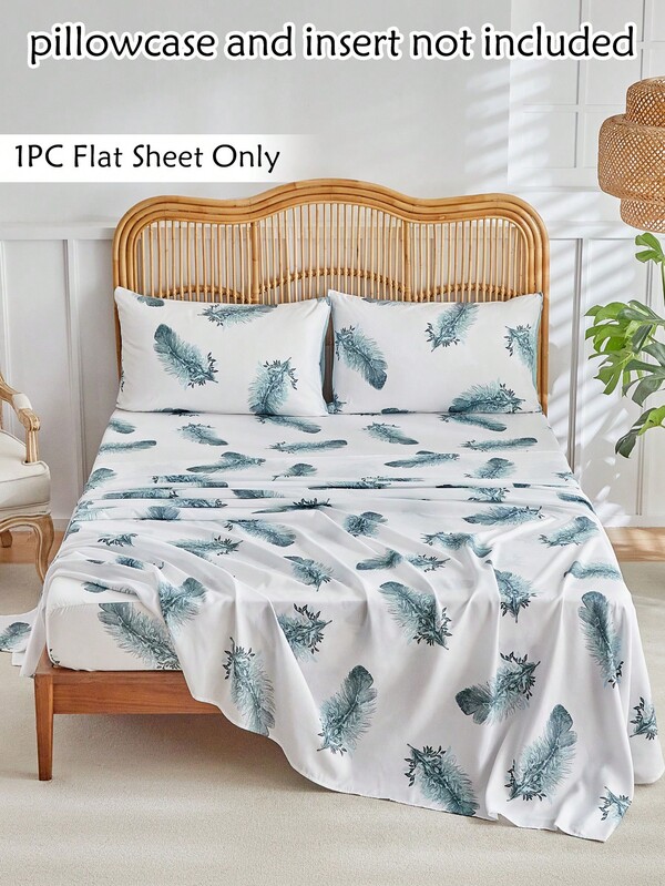 1pc Green Feather Print Bed Sheet, Minimalist Pastoral Style Polyester Single Bed Sheet, Soft And Breathable, Machine Washable