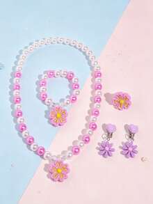 5pcs/Set Floral Faux Pearl Jewelry Necklace Bracelet Ring Clip-On Earrings For Girls Princess Party Dress-Up Gift - one-size - View 5
