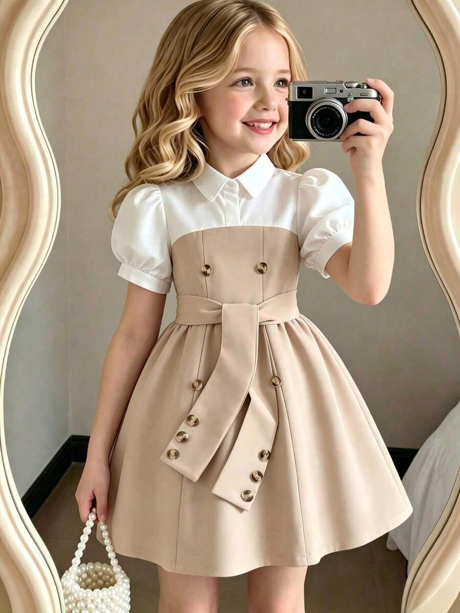 Summer New Double-Breasted Collar Puff Sleeve Color Block Dress With Belt For Young Girls, Fashionable And Elegant - Khaki - View 1