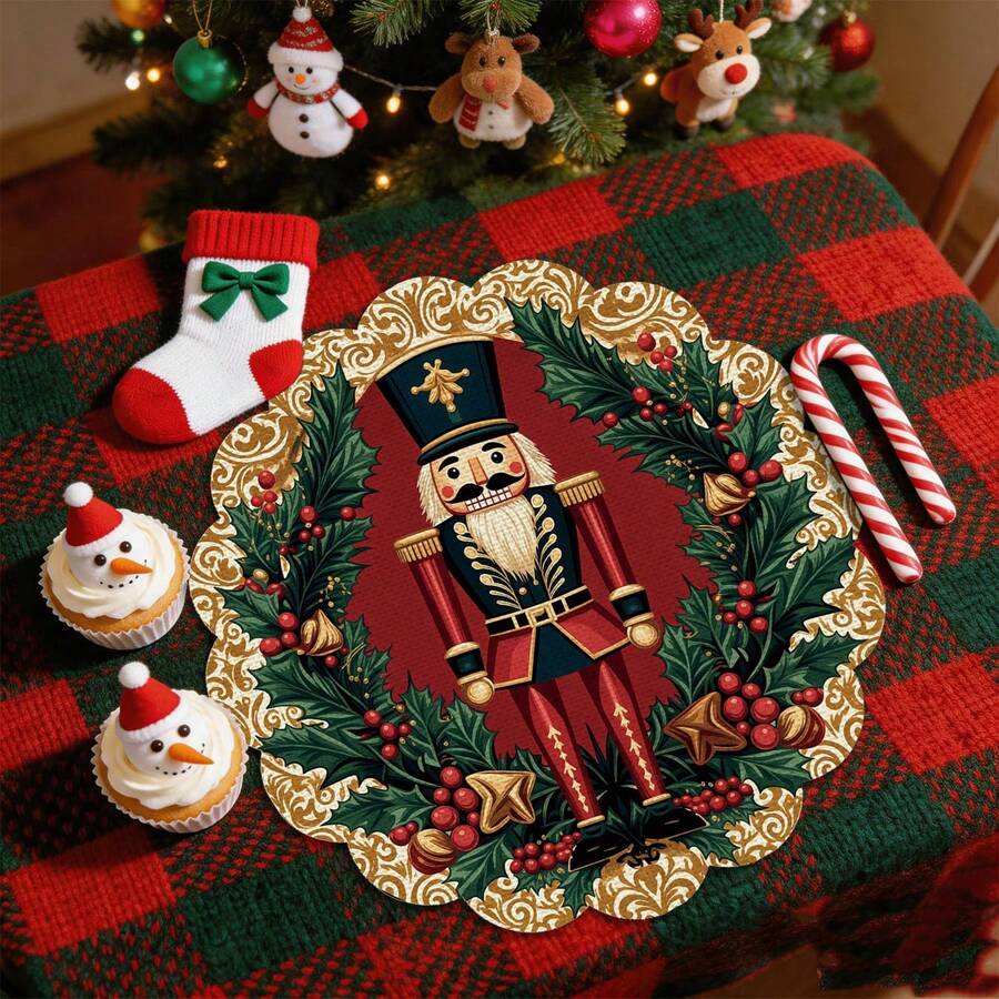 2/4/6/8pcs 14 Inch Diameter Christmas Placemats, Red Nutcracker Round Flower Shape Table Decor Suitable For Christmas Day Kitchen Dining Room Decoration - Multicolor - View 1