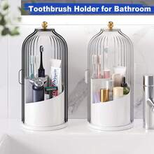 SANNAX Dustproof Toothbrush Holders With Cover For Bathrooms, Rotating Covered Tooth Brush Holder For Bathroom Counter, Dust Proof Plastic Makeup Brush Holder Organizer With Sliding Lid For Vanity,Grey White - A - View 6