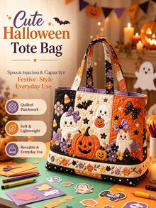 1pc Women's Halloween Tote Bag & Coin Purse Set - Large Capacity Crossbody Bag, Storage Bag, Organizer Bag, Women's Beach Bag, Also Can Be Used As Makeup Bag, Laundry Basket, Cute Pumpkin & Bat Print, Machine Washable & Reusable Tote Bag, Suitable For Travel, Shopping, Daily Use, Holiday Essential, Travel Essential, Gift Essential - View 11