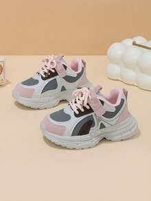 Girls' Light Gray, Pink & Brown Colorblock Magic Tape Lace-Up Chunky Sneakers, Simple Patchwork Kids' Shoes, Suitable For All-Season Outings And Daily Wear - Pink - View 3