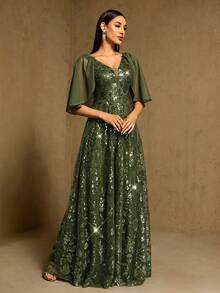 XUCTHHC Elegant Party High-Quality Sequin V-Neck Ruffle Sleeve A-Line Formal Ball Gown, Evening Dress, Wedding Guest, Graduation, Holiday, Autumn/Winter - Olive Green - View 6