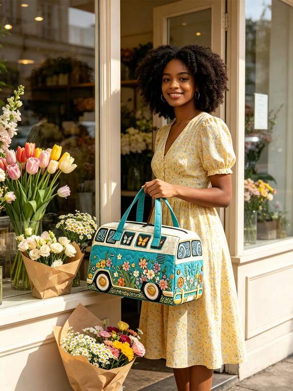 1 pieza Bolsa de almacenamiento de viaje con diseño de autobús floral, bolsa de almacenamiento plegable, bolsa de almacenamiento multifuncional, diseño de patrón de autobús floral con mariposas, simple y elegante. Estilo de bolso de gran capacidad, adecuado para exteriores, viajes, gimnasio, almacenamiento en dormitorios, regalo de vacaciones, bolsa de viaje, bolsa de aseo, bolsa de maquillaje, esencial de viaje, vuelta a la escuela, Halloween, esencial de regalo, esencial de almacenamiento en el hogar