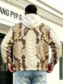 Plus Size Men's Snake Print Hooded Sweatshirt, American Vintage Snake Skin Pattern Loose Drop Shoulder Hoodie, Streetwear All-Over Snake Print Pocket Sweatshirt - Multicolor - View 2