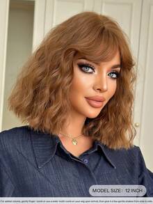 Short Wavy Warm Brown Bob Wig With Side Bangs Natural-Looking Synthetic Heat-Resistant Fiber Curly Hair Wig For Women Everyday Hairstyle Wear, Party Cosplay Use 12 Inch - Brown - View 3