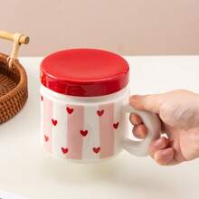 1pc 340ml/11.5oz Fashionable Pink Vertical Striped Ceramic Tea Cup With Lid And Filter, Cute Princess Style Red Heart Bow Print Porcelain Tea Infuser Mug, Suitable For Loose Leaf Tea, Coffee, Milk, Sweet Romantic Anniversary Birthday Gift Cup - Multicolor - View 4