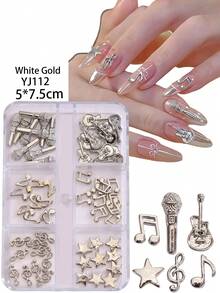 6-Grid Box Music Theme Nail Art Metal Charms Musical Notes Microphone Guitar Star Multi-Style Gold & Silver Box DIY Wearable Nail Decoration Accessories - Multicolor - View 8