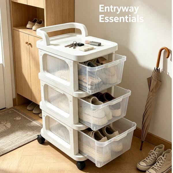 1pc 3 Tier  Assembled Plastic Rolling Trolley Organizer With Handle, Indoor Portable Multi-Purpose Cart For Office, Living Room, Kitchen And Bathroom