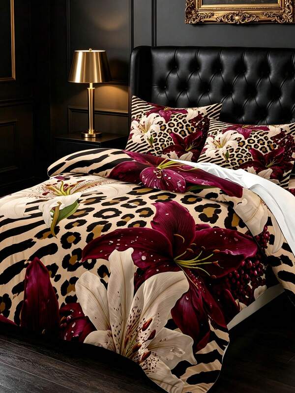 3pcs Vintage Wild Leopard & Lily Print Polyester Duvet Cover Set (1*Duvet Cover + 2*Pillowcases, No Fill), Luxury Wild Style Bedding, Breathable Skin-Friendly Polyester Fabric, High-Definition Digital Print Technology, American Vintage Luxury Floral Bedroom Decor, Personalized Artistic Plant & Animal Contrast Print, Invisible Zipper & Corner Tie Design, Suitable For All Seasons, Ideal For Hotel, Bedroom, Guest Room And Dormitory Bedding Decor