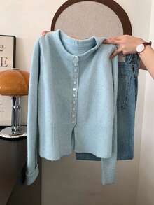 Women's Mint Green Knitted Wool Cardigan, Comfortable And Warm, Long Sleeve Ribbed Knit Top, Round Neck Button Front, Winter Essential Fall - Baby Blue - View 3