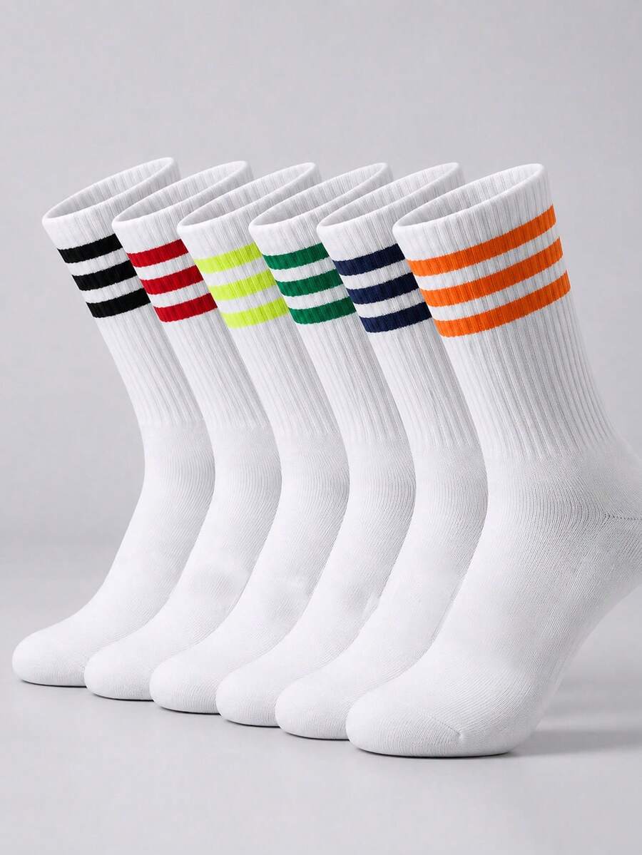 1/6 Pairs Striped Contrast Color Mid-Calf Socks, Casual Minimalist Collegiate Style Sports Mid-Calf Socks, Unisex, Comfortable And Breathable, Suitable For Home Or Sports - Multicolor - View 1