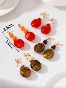 Anting Panjang Manik-Manik Oval Bertekstur Warna Oranye-Merah - Merah jingga - View 7