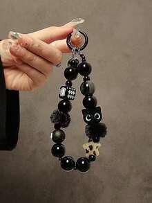 Niche Premium Black Cat Phone Lanyard Beaded Wrist Strap Pendant INS Short Wrist Chain Strap Hand Chain Pendant Decor Car Key Chain Beaded Bag - MultiWarna - View 1