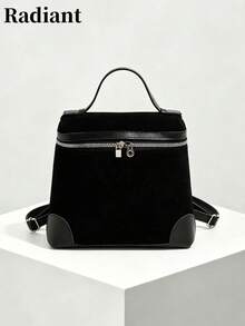 Women's Suede Top Handle Backpack, Adjustable Shoulder Straps, Vintage Casual Style, Multi-Functional, Suitable For Daily Work And Travel - Black - View 2