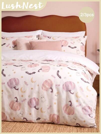 2pcs/3pcs Pink Pumpkin Bat Candy Halloween Digital Printed Bedspread Set (1 Duvet Cover + 1/2 Pillowcases Without Insert) Suitable For Daily Use, Made Of Polyester And Other Synthetic Fibers, Soft And Comfortable For Skin