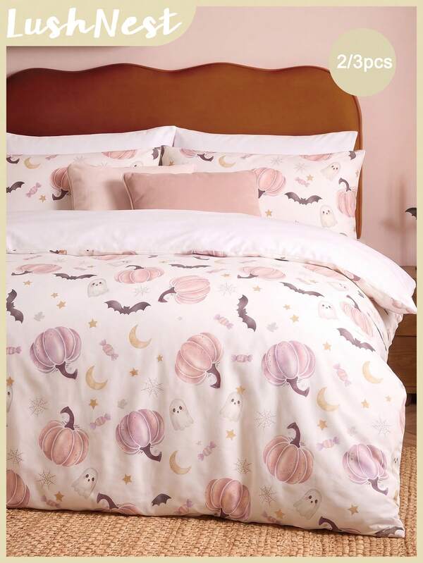 2pcs/3pcs Pink Pumpkin Bat Candy Halloween Digital Printed Bedspread Set (1 Duvet Cover + 1/2 Pillowcases Without Insert) Suitable For Daily Use, Made Of Polyester And Other Synthetic Fibers, Soft And Comfortable For Skin