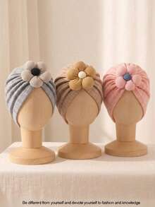 3PCS Newborn Autumn Candy Color Floral Cute Baby Hair Accessories, Soft Skin-Friendly Baby Headband Hat Set, Suitable For Daily Wear All Seasons - Pink Light Coffee Grey - View 3