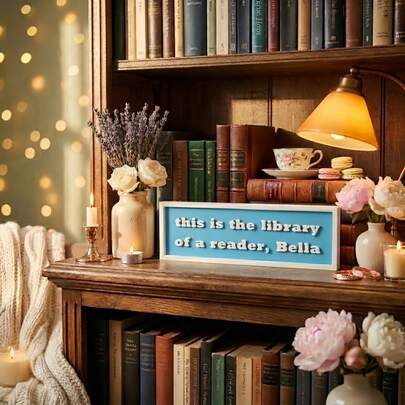 "This Is The Library Of A Reader Bella" 3D Embossed Bookshelf Quote Sign, 6.14 X 2.05 Inch Plaque With White Frame, Pink/Black/Green/Red/Blue, Book Lover Gift For Women, Reading Nook Desk Decoration