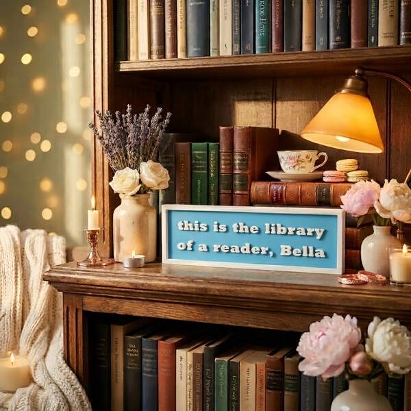 "This Is The Library Of A Reader Bella" 3D Embossed Bookshelf Quote Sign, 6.14 X 2.05 Inch Plaque With White Frame, Pink/Black/Green/Red/Blue, Book Lover Gift For Women, Reading Nook Desk Decoration