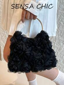 Elegant Floral Evening Handbag, Stereoscopic Rose Design Circular Metal Handle Fashion Bag Suitable For Ladies Prom And Special Events - Multicolor - View 4