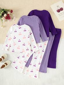 Girls 6pcs Set Fashion Cherry Pattern Ribbed Crew Neck Regular Long Sleeve Top + Solid Color Striped Flare Leg Pants, Casual Outfit For Autumn/Winter, Perfect For Outdoor Wear - Multicolor - View 2
