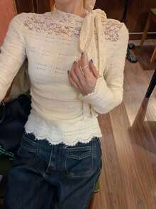 Exquisite Lace Crochet High Neck Long Sleeve Knit Sweater, Unique Bow Decor Layered Top, Women's Valentine's Day Outfit, Autumn/Winter/Spring - Apricot - View 3