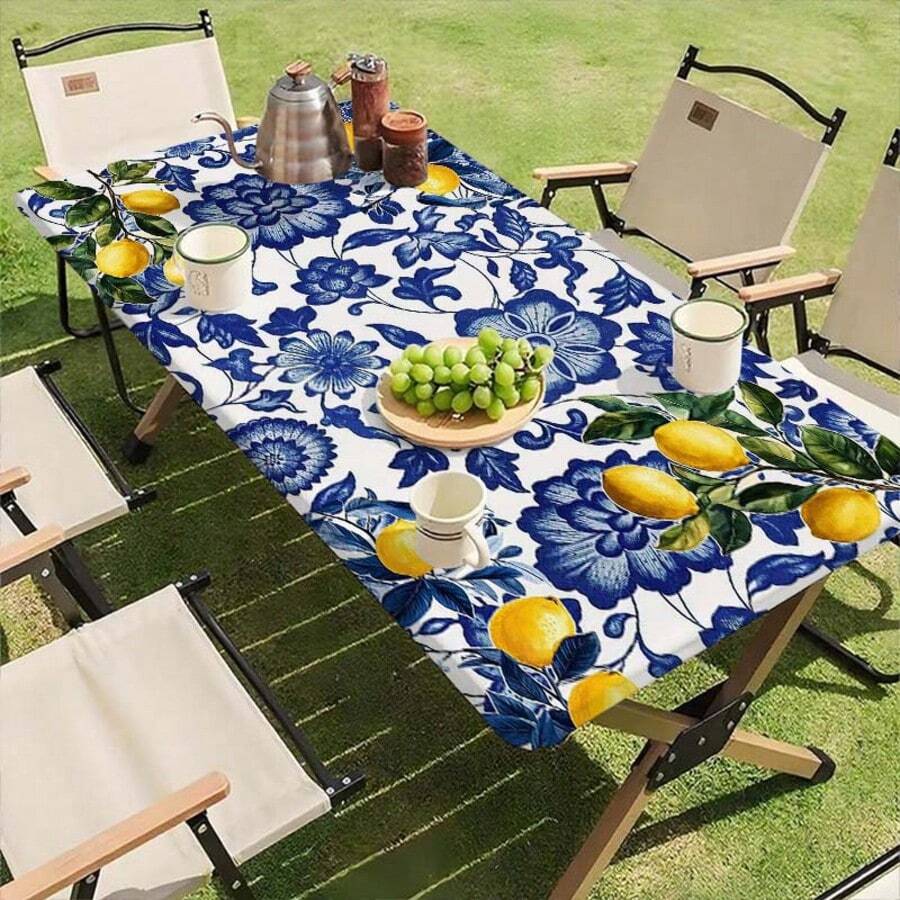 1pc Elastic Edge Tablecloth, Vibrant Lemon Pattern Stretch Tablecloth - Combination Of Fashionable Decoration And Practical Design, Outdoor Table Set, Picnic Accessory, Suitable For Indoor And Outdoor Use. - A - View 1