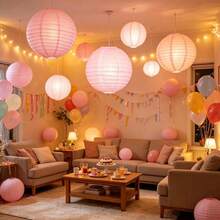 Elegant Pink Paper Lantern Set, Includes 9 Lanterns + 9 Lantern Stands - Round Handmade Folding Decorations, Suitable For Weddings, Birthdays, Anniversaries And Holiday Celebrations - As Shown - View 8