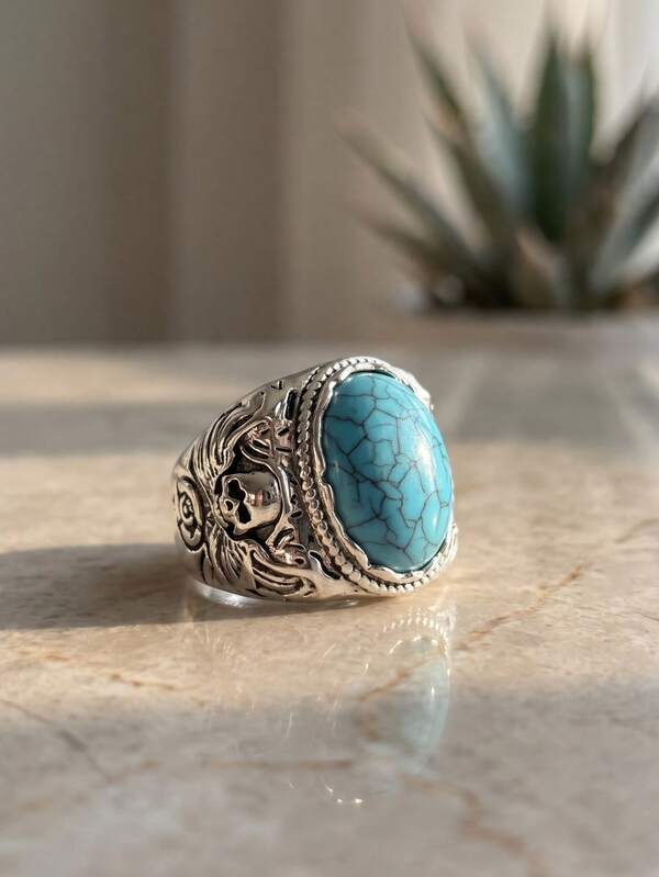 Vintage Antique Skull Carved Synthetic Turquoise Ring, Dark Niche Unisex Style, Suitable For Men And Women's Daily Fashion As A Hand Accessory Gift